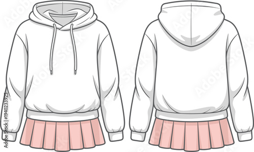 Fashion vector illustration of white oversized hoodie and pink pleated mini skirt showing front and back views for creative apparel.
