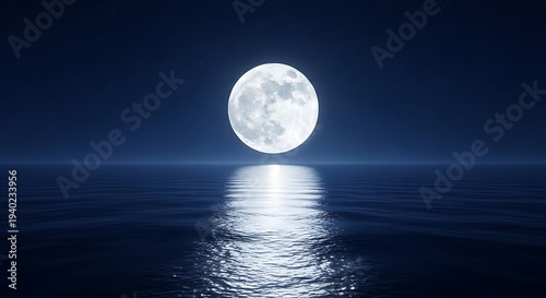 A serene full moon shining brightly over a calm ocean at night, creating a path of light on the water's surface, viewed from a distance.