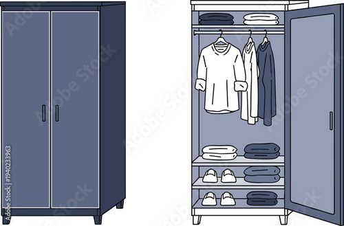 Modern blue bedroom wardrobe mockup featuring a closed two door cabinet and an open closet showing organized hanging clothes and shelves.