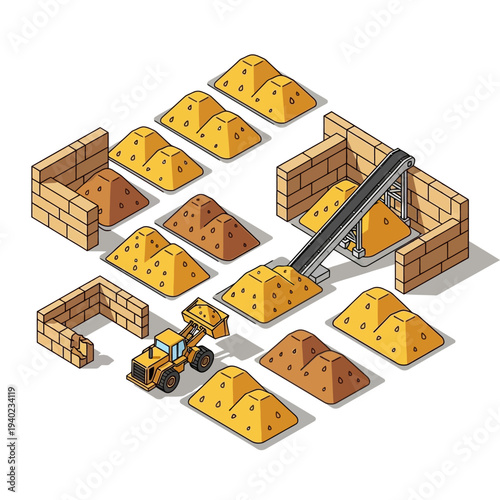 Construction site with bricks and sand piles and machinery.