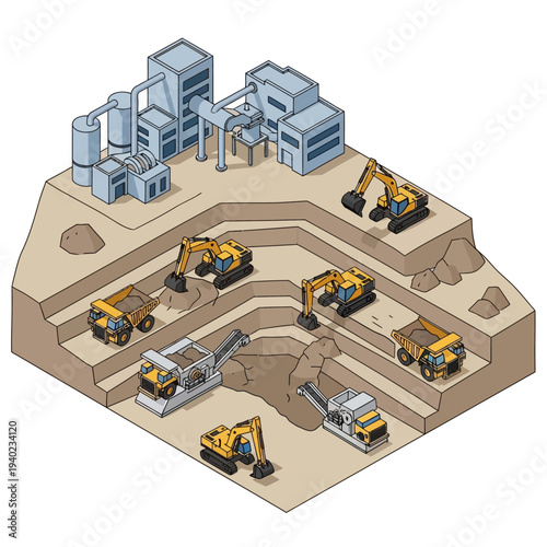 Isometric illustration of an open pit mine with heavy machinery and industrial facilities.