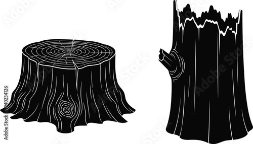 Tree stump silhouette illustration, cut wooden log trunk isolated on white background, deforestation concept, forest timber wood texture graphic