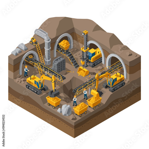 Underground Mining Operation with Heavy Machinery and Workers.