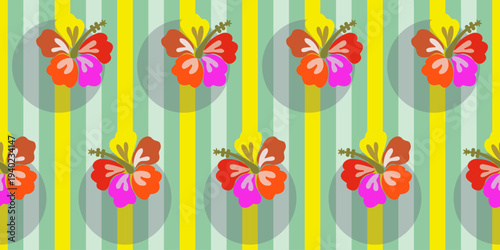 Colorful seamless floral pattern vector illustration with pink flowers and yellow butterflies for a spring nature wallpaper design