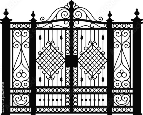 Ornate wrought iron gate line art vector illustration.