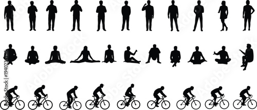 Male human silhouette collection showing standing poses, sitting meditation positions and cycling actions, isolated black vector set for sport, lifestyle, activity design