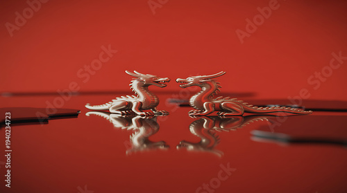 Two miniature silver dragons face each other on a reflective, glossy red surface