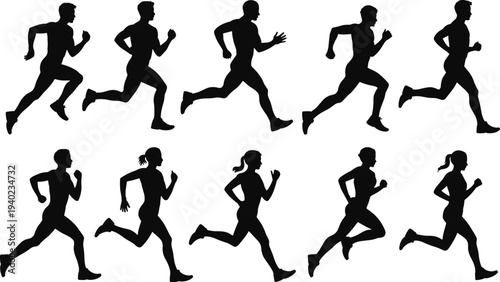 Running men and women silhouettes set, jogging athletes in motion isolated black vector collection for marathon training, fitness workout, sport activity illustration