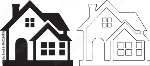 Minimalist black-and-white silhouette of a multi-level house with pitched roof, chimney, arched doorway, and grid windows. Perfect for use in real estate, architecture, housing, and home-related digit