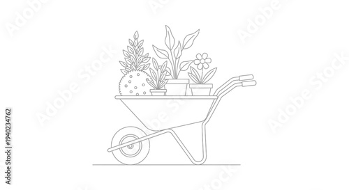 Garden wheelbarrow loaded with diverse potted plants and vibrant flowers, ready for landscaping and beautification on isolated white background
