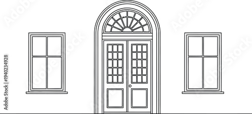 Architectural drawing of a classic building facade with door and windows