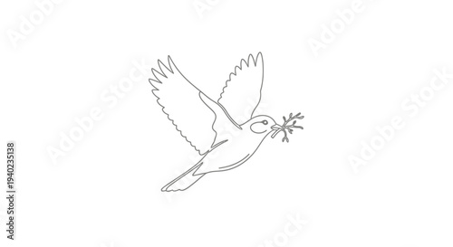 Outline of a Flying Bird Carrying a Symbol of Peace, an Olive Branch, on Isolated White Background
