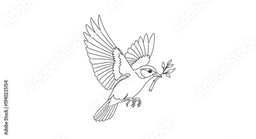 Graceful Flying Bird with Olive Branch in its Beak Symbolizing Peace on Isolated White Background