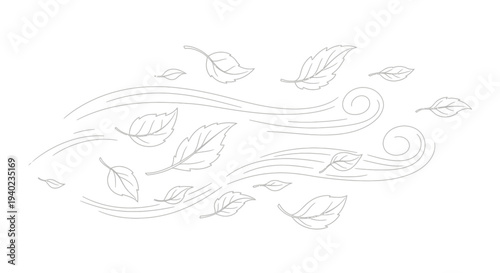 Line Art of Autumn Leaves Blowing in the Wind Swirl on Isolated White Background