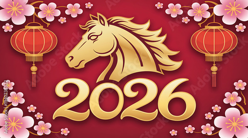 Golden horse symbol for 2026 Chinese New Year with lanterns and cherry blossoms