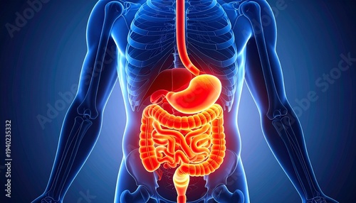 Human digestive system anatomy highlighting esophagus and stomach, red inflammation focus, medical illustration for gastrointestinal disorders and education.