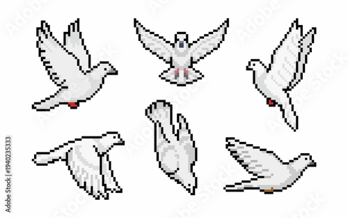 Pixel Art White Doves Flying Set
