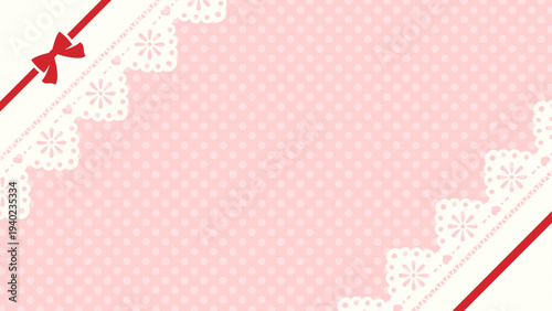 レースと斜めのリボンとピンクの水玉模様の背景、16対9の横長サイズ