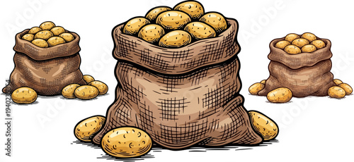 Rustic Hand-Drawn Vector Illustration of Three Burlap Sacks Filled with Fresh Yellow Potatoes, Perfect for Farm, Food, or Harvest Designs
