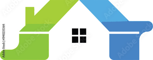 A stylized house logo with green and blue sections on a white background with a black window