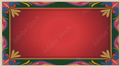 Colorful retro decorative border frame with abstract floral elements on a red gradient background.