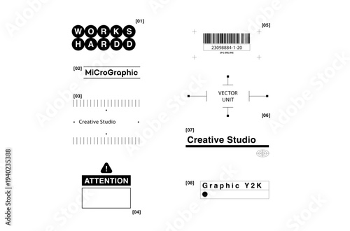 Industrial Streetwear Graphic Elements Set, Y2K Techwear Vector Assets, Minimalist Brutalist Typography Design. for decorative