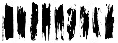 Dynamic vector graphic design of bold black brush strokes set. Black paint with varied forms, for modern posters, digital art, or background elements. Rough yet elegant strokes add sense of movement