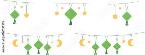 Assortment of green ketupat decorations with stars and moons on white background ramadan islamic