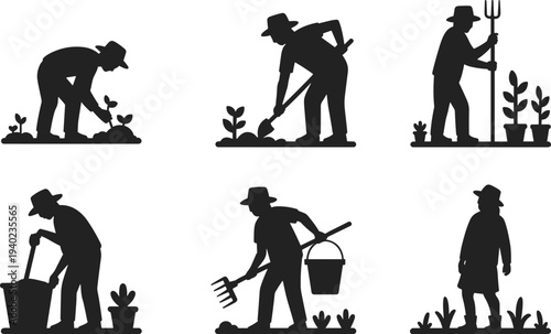 Gardener silhouette collection, farming worker icons, planting and watering plants, agriculture activity set, gardening people flat vector illustration