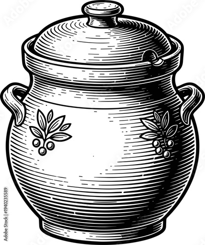 Antique Ceramic Jar With Handles And Leaf Motif On White Background