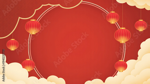 Festive red and gold background with floating lanterns and soft clouds for celebrations.