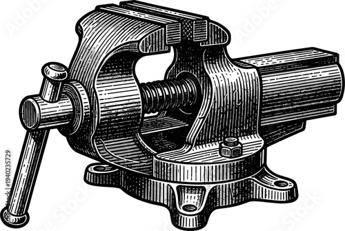 Antique Metal Bench Vise Detailed Illustration Industrial Tool Clamp Mechanical Device