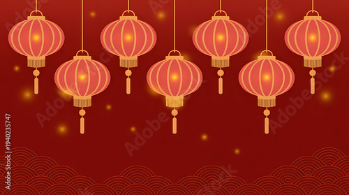 Vibrant red background with hanging Chinese lanterns and festive sparkling lights, illustration.