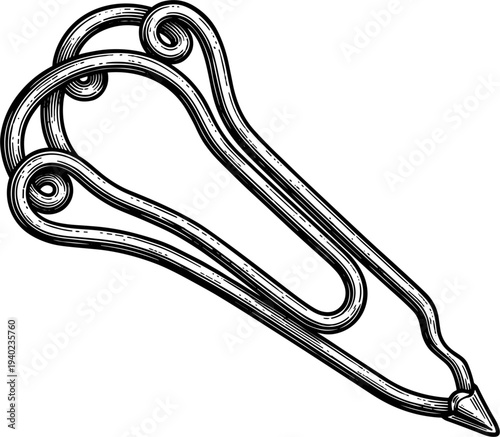 Antique Metal Hairpin With Ornate Swirl Design On White Background Detailed Drawing