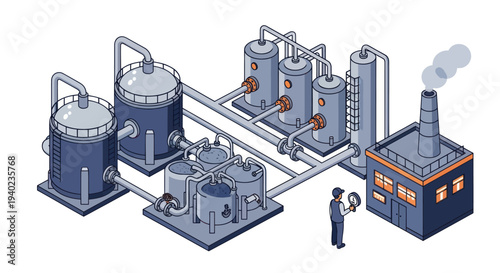 Industrial factory with tanks and pipes processing materials.