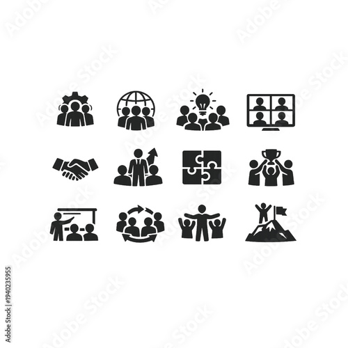 Flat style blue corporate management and analytics icon collection. Features reporting charts, office workflow, communication tools, productivity, and strategic planning elements.