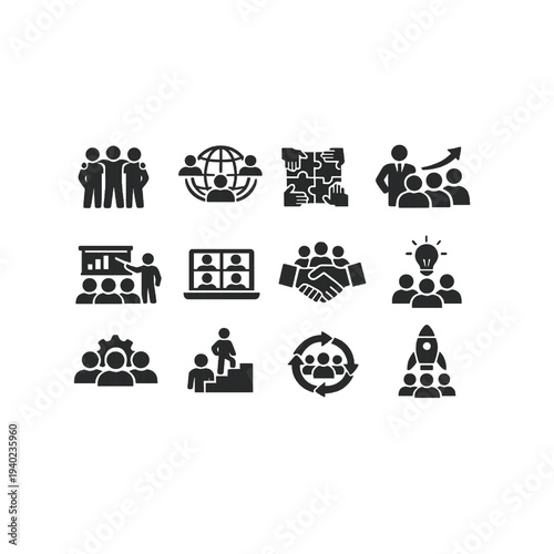 Flat style blue corporate management and analytics icon collection. Features reporting charts, office workflow, communication tools, productivity, and strategic planning elements.