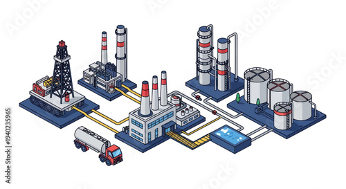 Industrial Oil Refinery Complex with Storage Tanks and Truck.