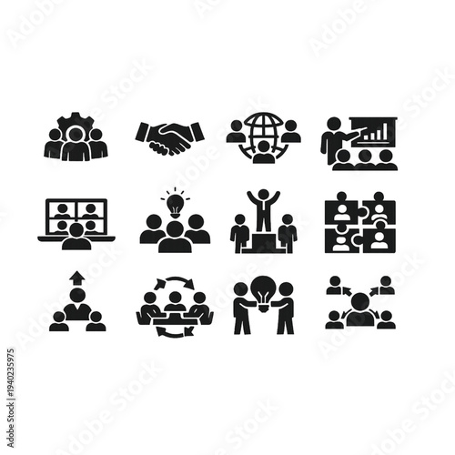 Flat style blue corporate management and analytics icon collection. Features reporting charts, office workflow, communication tools, productivity, and strategic planning elements.