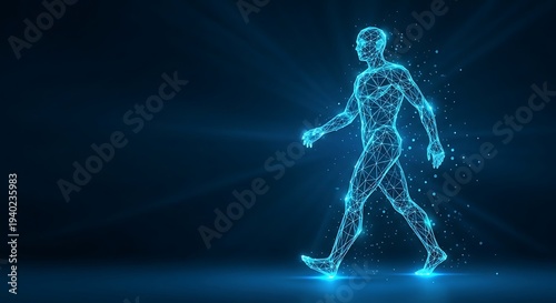 Futuristic Low Poly Wireframe Walking Human Illustration for National Walking Day Technology Health Concept Blue Neon Digital Mesh Background
