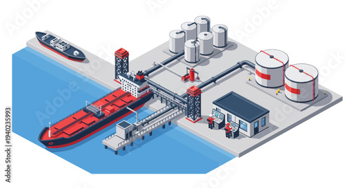 Industrial Oil Refinery Port with Tankers and Storage Tanks.