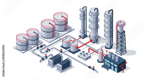 Industrial Oil Refinery Plant Equipment and Storage Tanks.