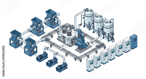 Industrial Processing Plant with Tanks and Machinery.