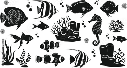 Marine life silhouettes set, tropical fish, seahorse, coral reef elements, underwater ocean animals collection, flat vector illustration