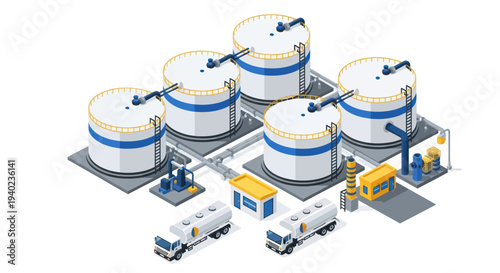 Industrial Storage Tanks and Trucks at a Processing Facility.