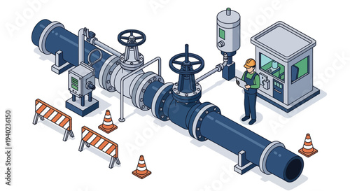 Industrial Water Pipeline System with Control Valves and Monitoring Equipment.