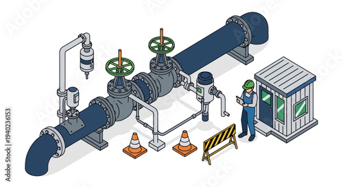 Industrial Water Pipeline System with Control Valves and Operator.