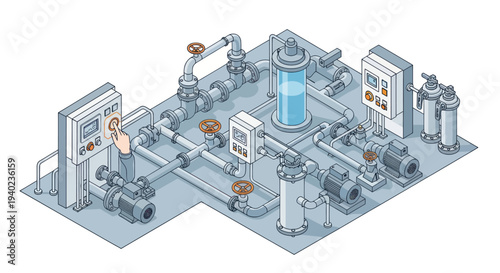 Industrial water purification system with pipes and control panels.