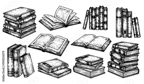 Antique book pile sketch vector set with hand drawn library and bookstore book illustrations