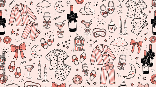 A whimsical illustration of pajamas, champagne, and desserts on a soft pink background, perfect for a relaxing night in with friends or a cozy evening alone at home.